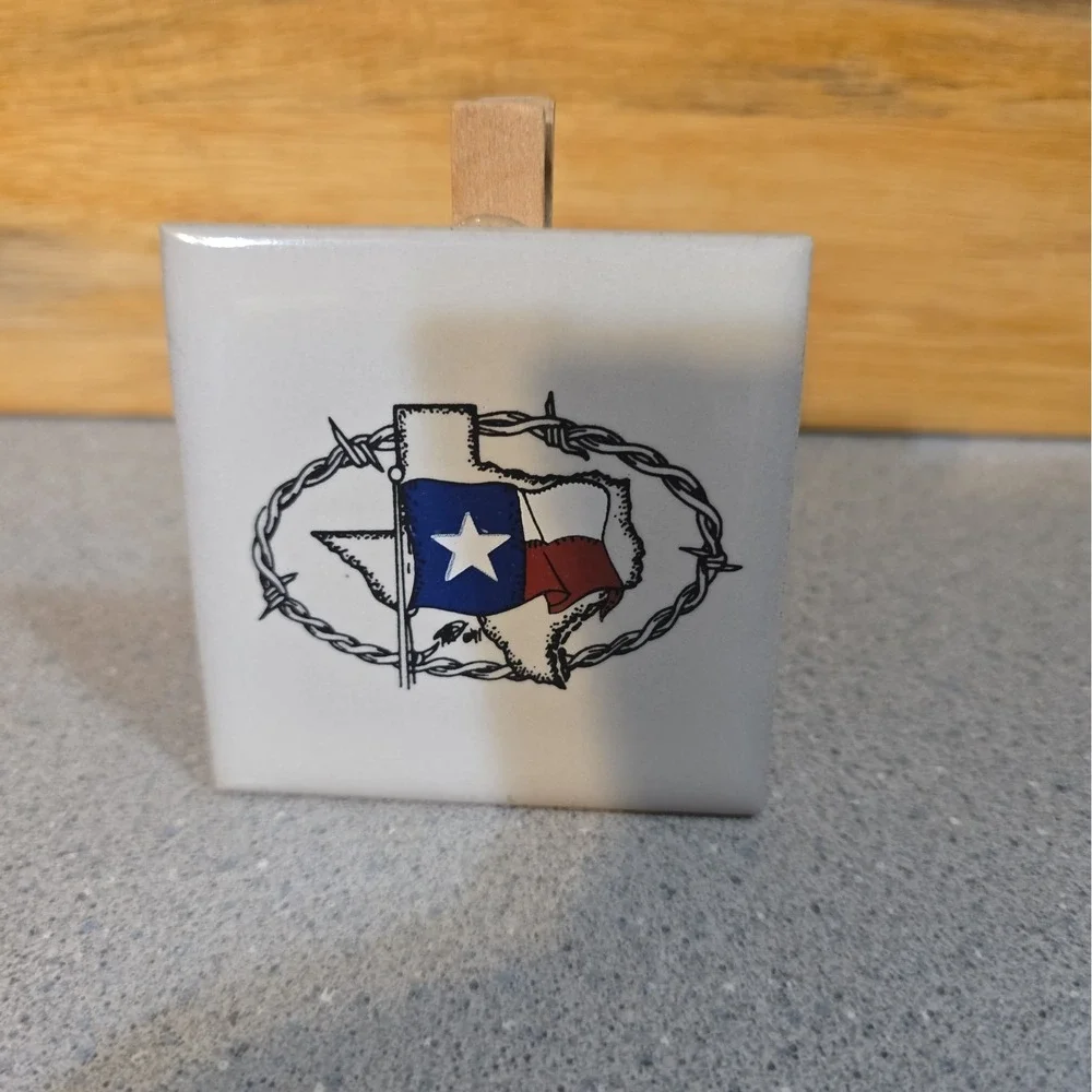 Texas Flag Photo Holder Stand, Tile State Of Texas, Barbed Wire